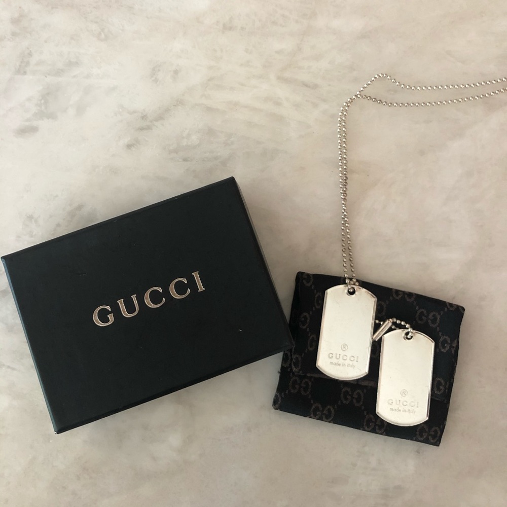 GUCCI sterling silver dog tags with pouch & box